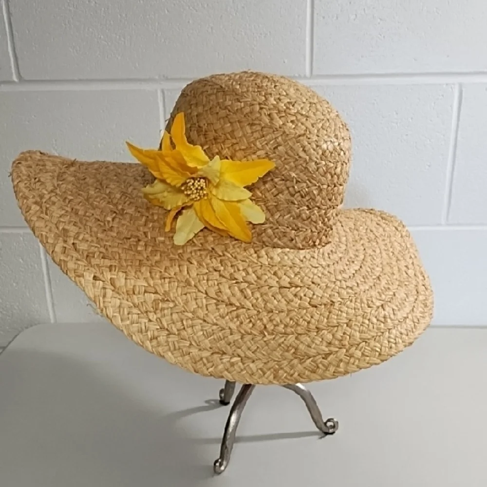 Casual Woven Floppy Beach Sun Hat with Yellow Flower Pin Accent